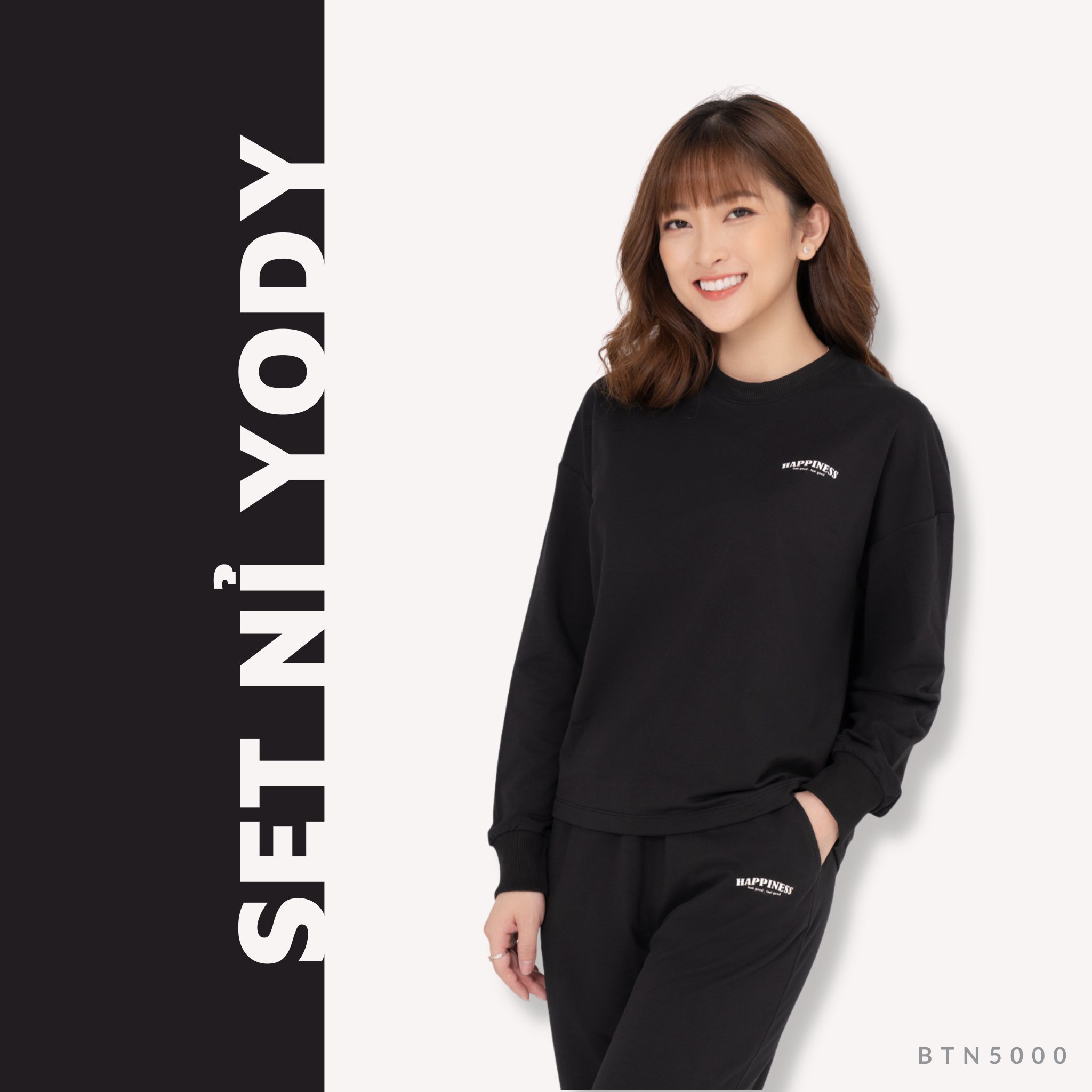 Bộ đông nữ nỉ in chữ HAPPINESS