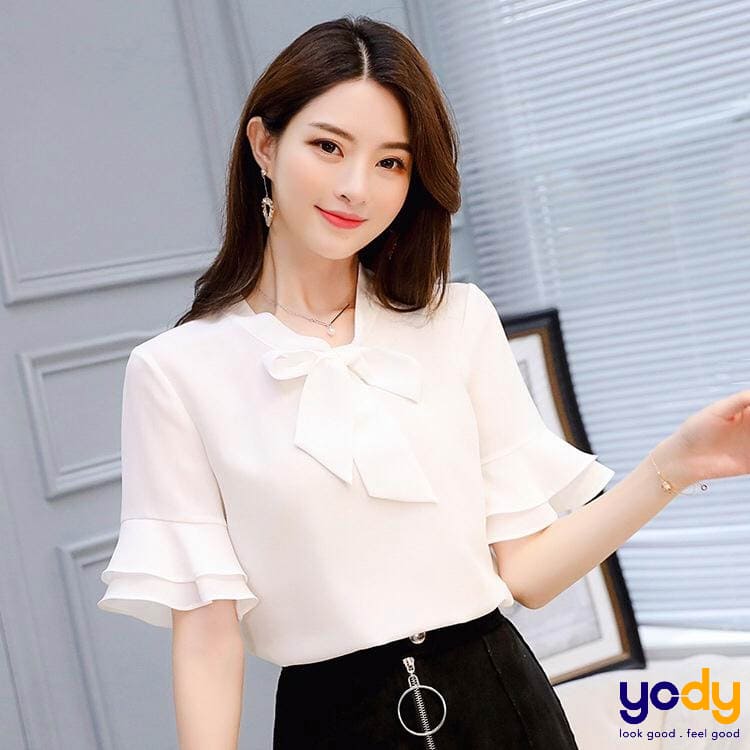 Vay6214 Váy tay bồng nữ DORA.style chất đẹp phối 2 lớp buộc nơ, thiết kế