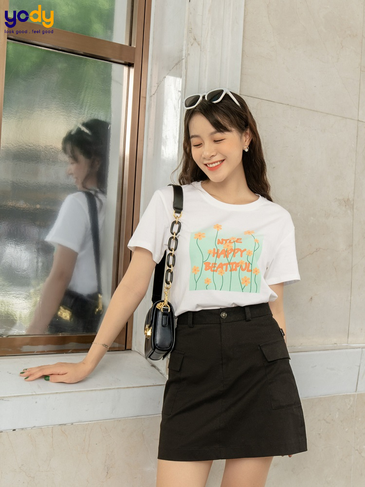 Combo chân váy chữ A, áo thun hoạ tiết