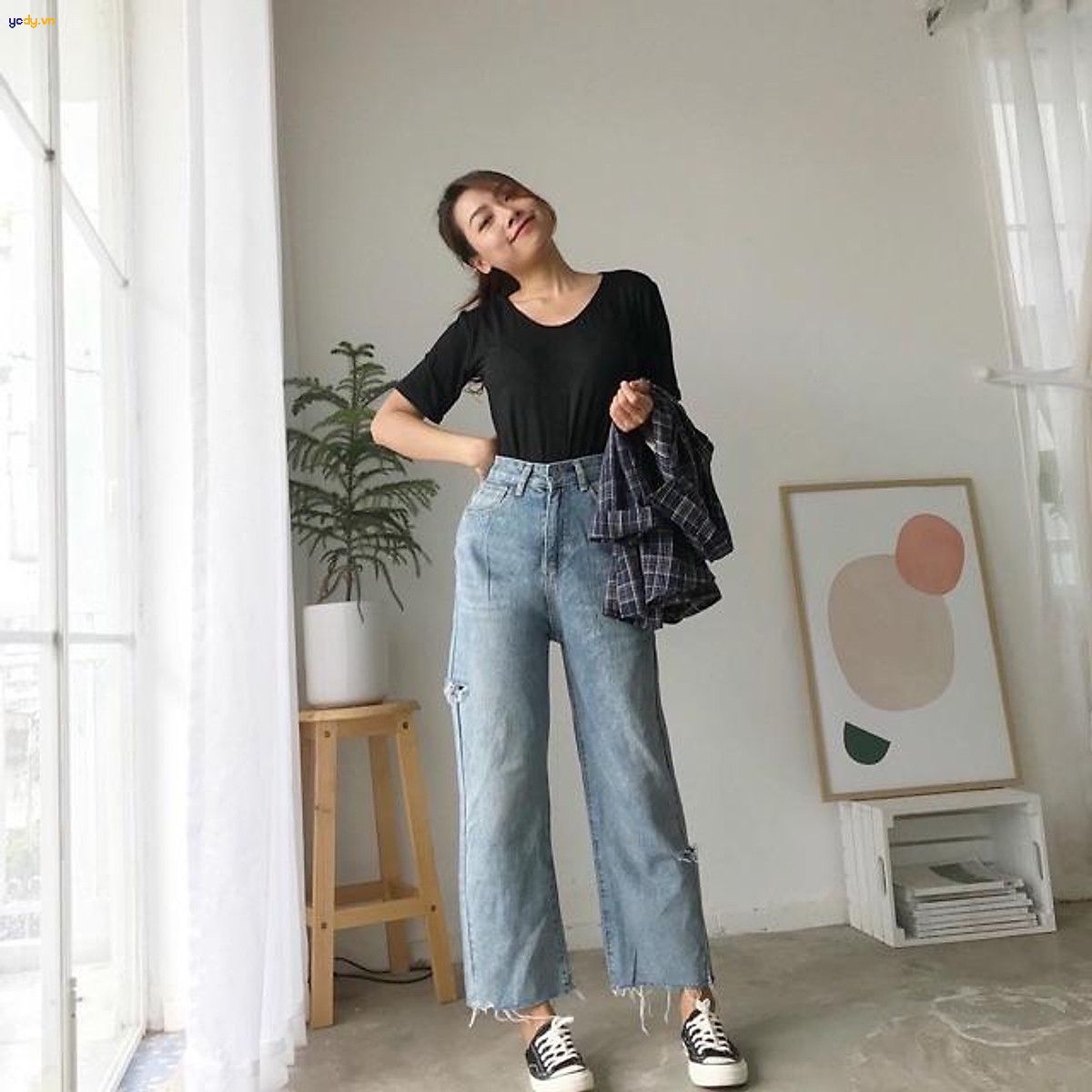 cách phối đồ với quần jean lưng cao