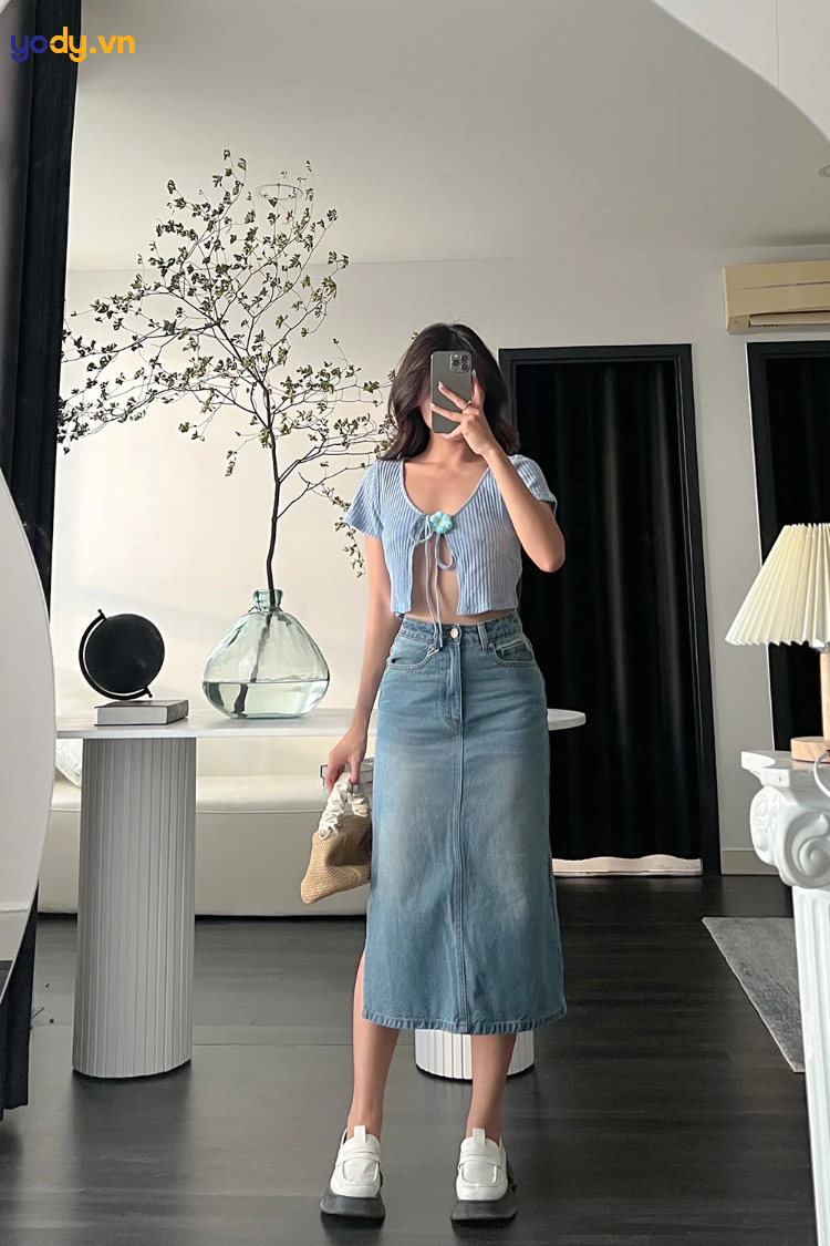Chân váy bò dài WANAWEAR chân váy jean xẻ trước hàng cúc dáng chữ a qua gối  cực xinh chất đẹp hot trend | Shopee Việt Nam