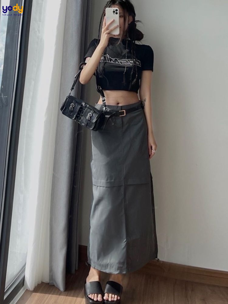 Chân Váy Dáng Suông Nữ Kaki Dài Xẻ Lai | FM Style