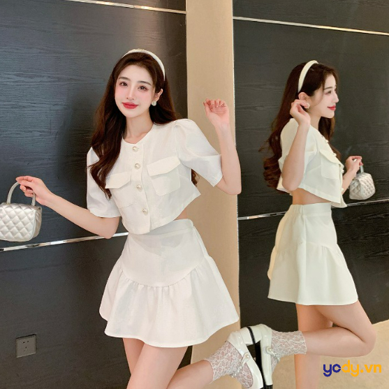 Chân váy xếp li xẻ gài nút trắng White one side pleated with buttons s