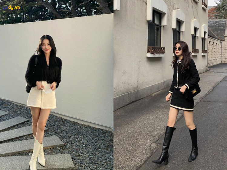 Phối boot cổ lửng với chân váy ngắn