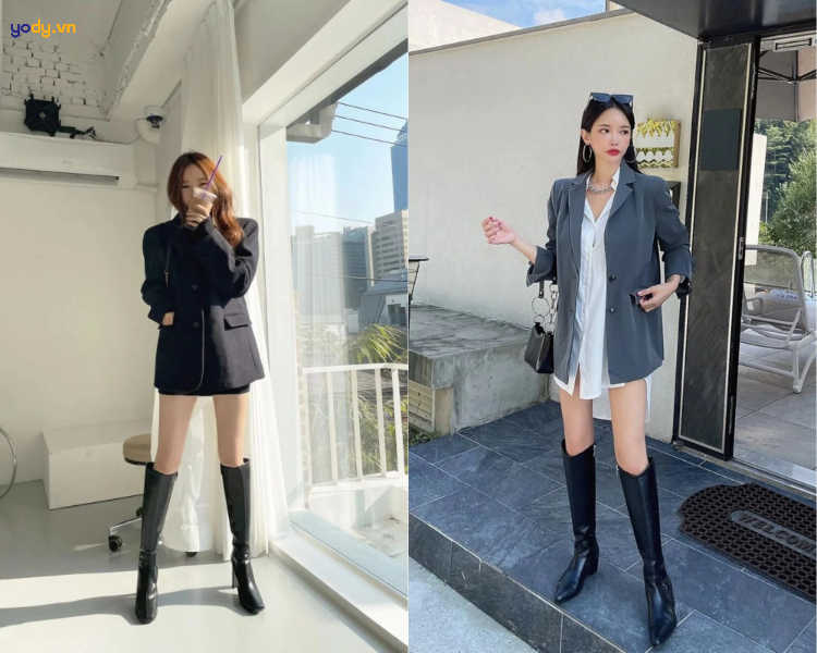 Mix boot cổ lửng với blazer thanh lịch