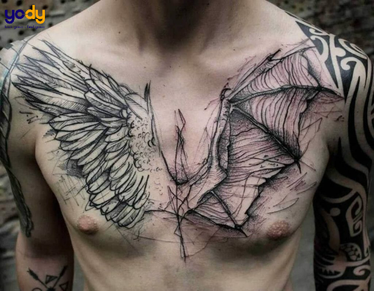 Tattoo đôi cánh thiên thần ác quỷ full ngực