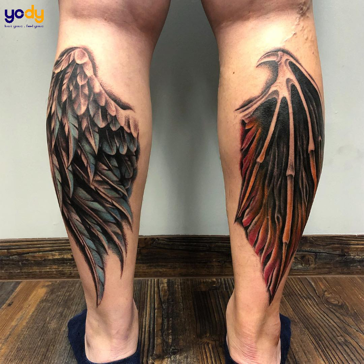 Tattoo đôi cánh thiên thần, ác quỷ cá tính ở bắp chân