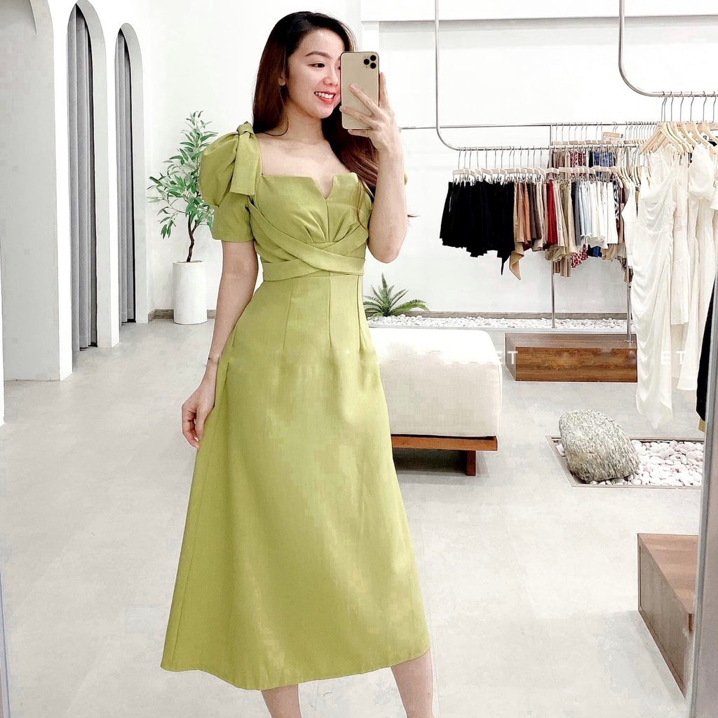 MBeauty Đầm nữ quả bơ phiên bản Hàn Quốc mới Váy Cổ Vuông Thắt Nơ mỏng thắt  eo màu xanh lá cây thời trang và đẹp | Lazada.vn