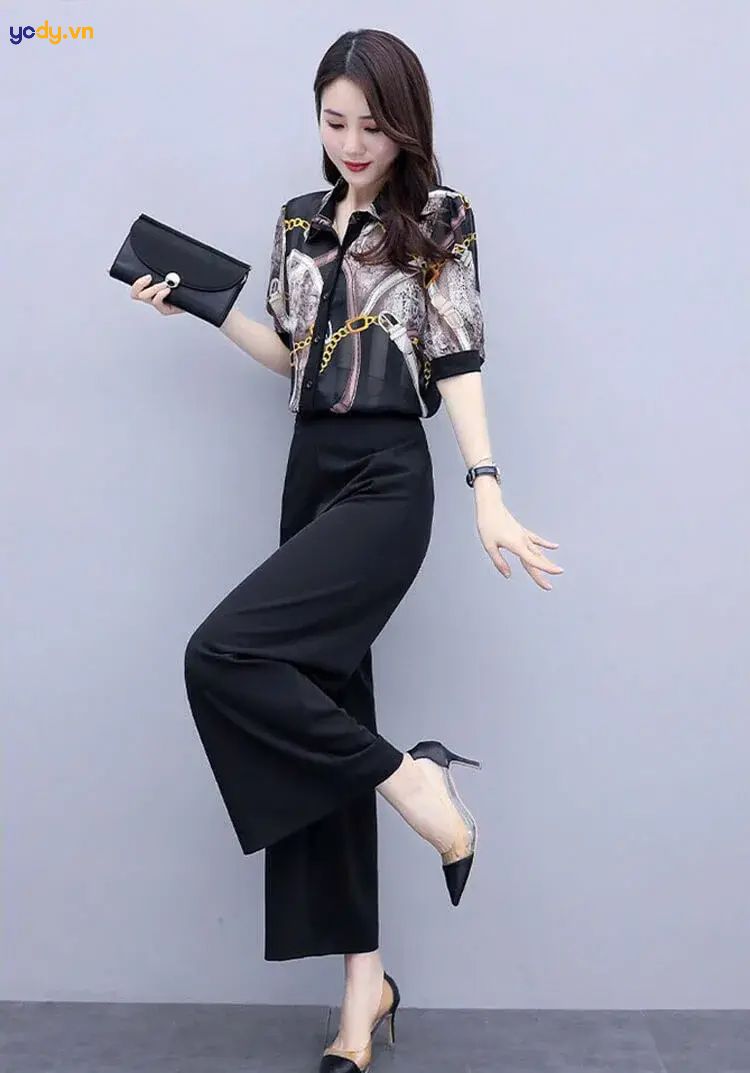 mix quần ống rộng với áo sơ mi