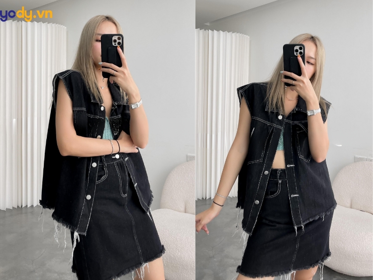 Thời trang áo gile cùng chân váy jean