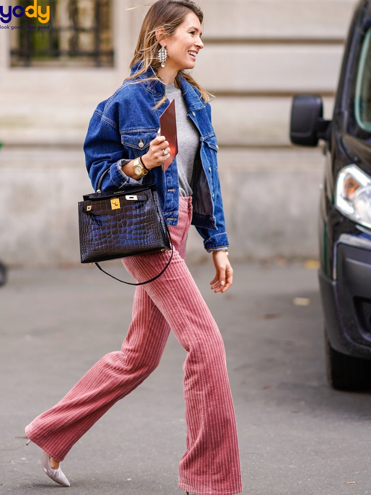Quần nhung tăm phối áo denim jacket