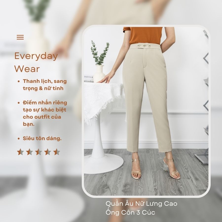 Quần Âu Nữ Lưng Cao Ống Côn 3 Cúc