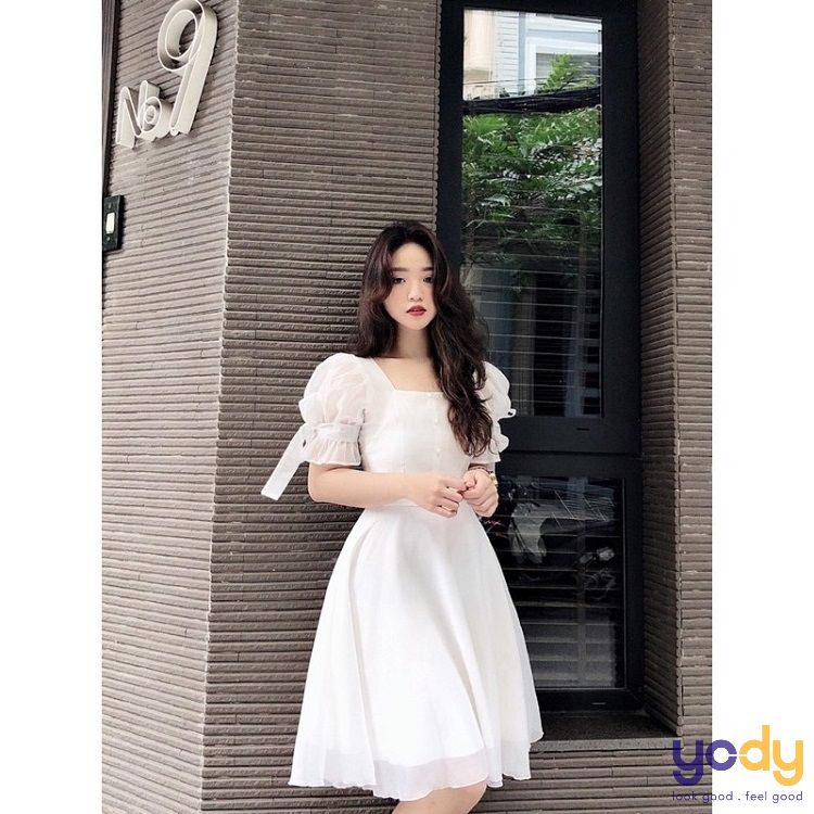 Váy trắng dự tiệc sang trọng, đầm đi đám cưới Nahouse đầm xòe tiểu thư  khoét ngực gấm xốp tay bồng thiết kế đẹp xinh xắn | Shopee Việt Nam