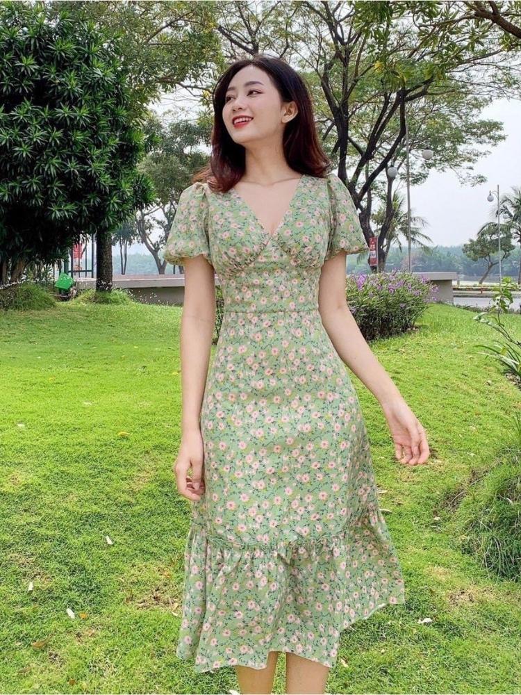 Set áo sơ mi + chân váy hoa nhí dáng dài - sakurafashion.vn