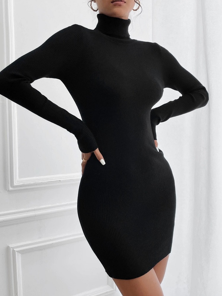Đầm, váy len body màu đen trễ vai họa tiết nơ ngực