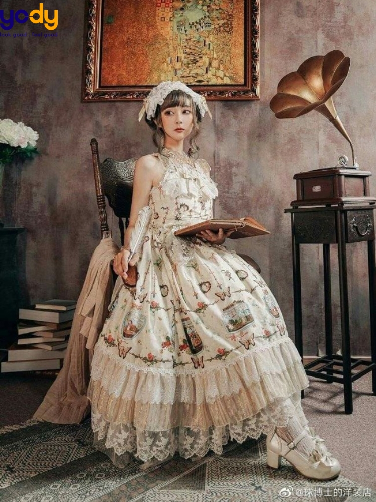 Bộ Hai Chiếc Váy Dài Kẻ Sọc Áo Sơ Mi Ren Dài Tay Cổ Điển Cung Đình Phong  Cách Châu Âu Kiểu Pháp Váy Liền Thân Lolita Phong Cách Đen Tối |