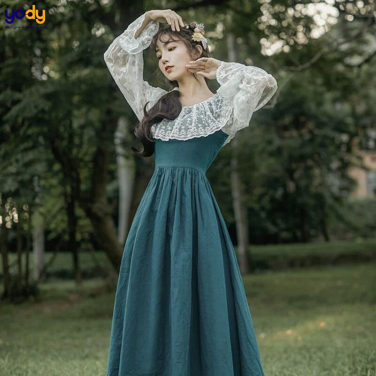 Váy cổ điển ngắn tay cổ chữ V, kiểu Pháp, Hàn, tay áo lồng đèn, eo