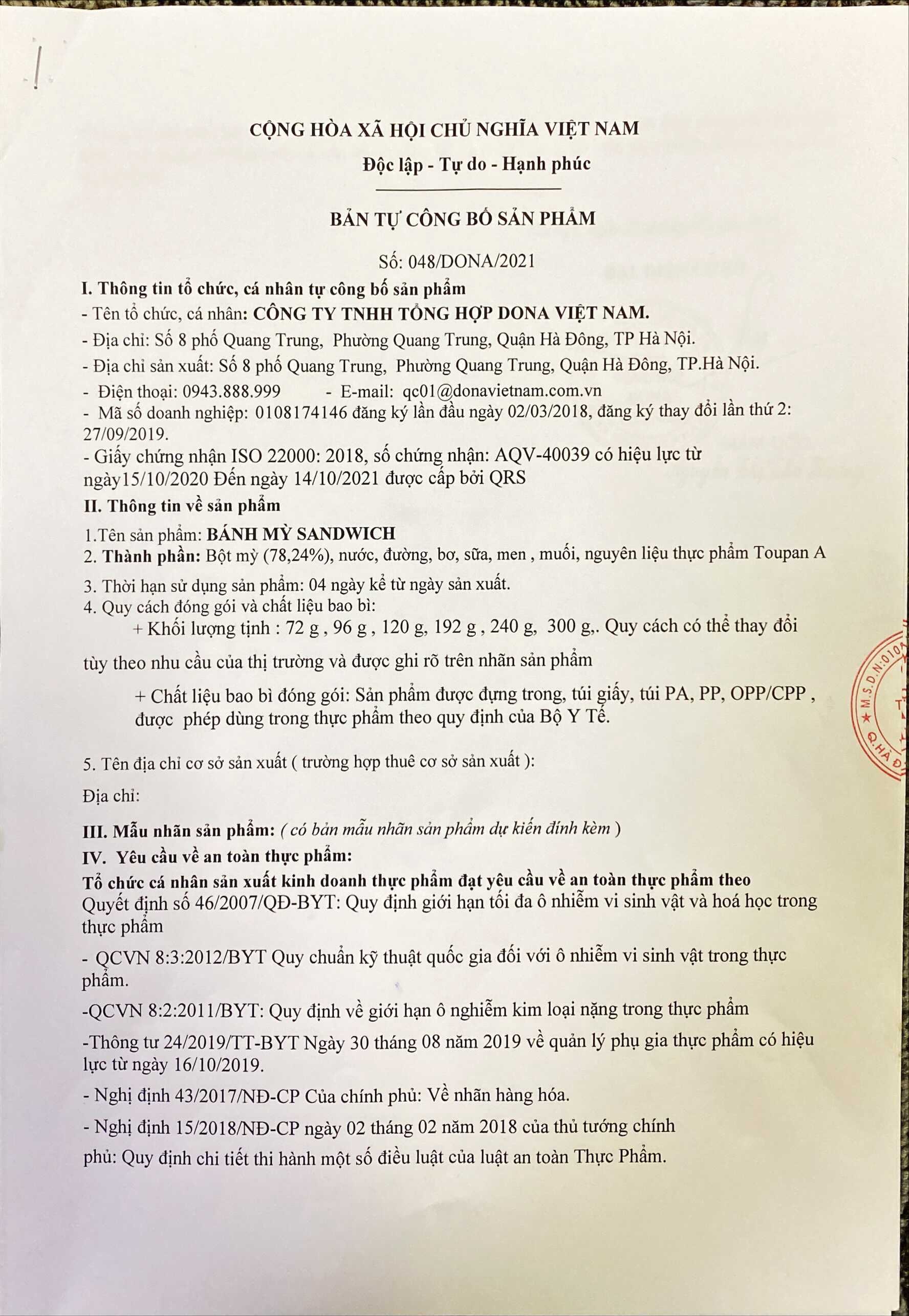 CÔNG BỐ BÁNH MỲ SANDWICH