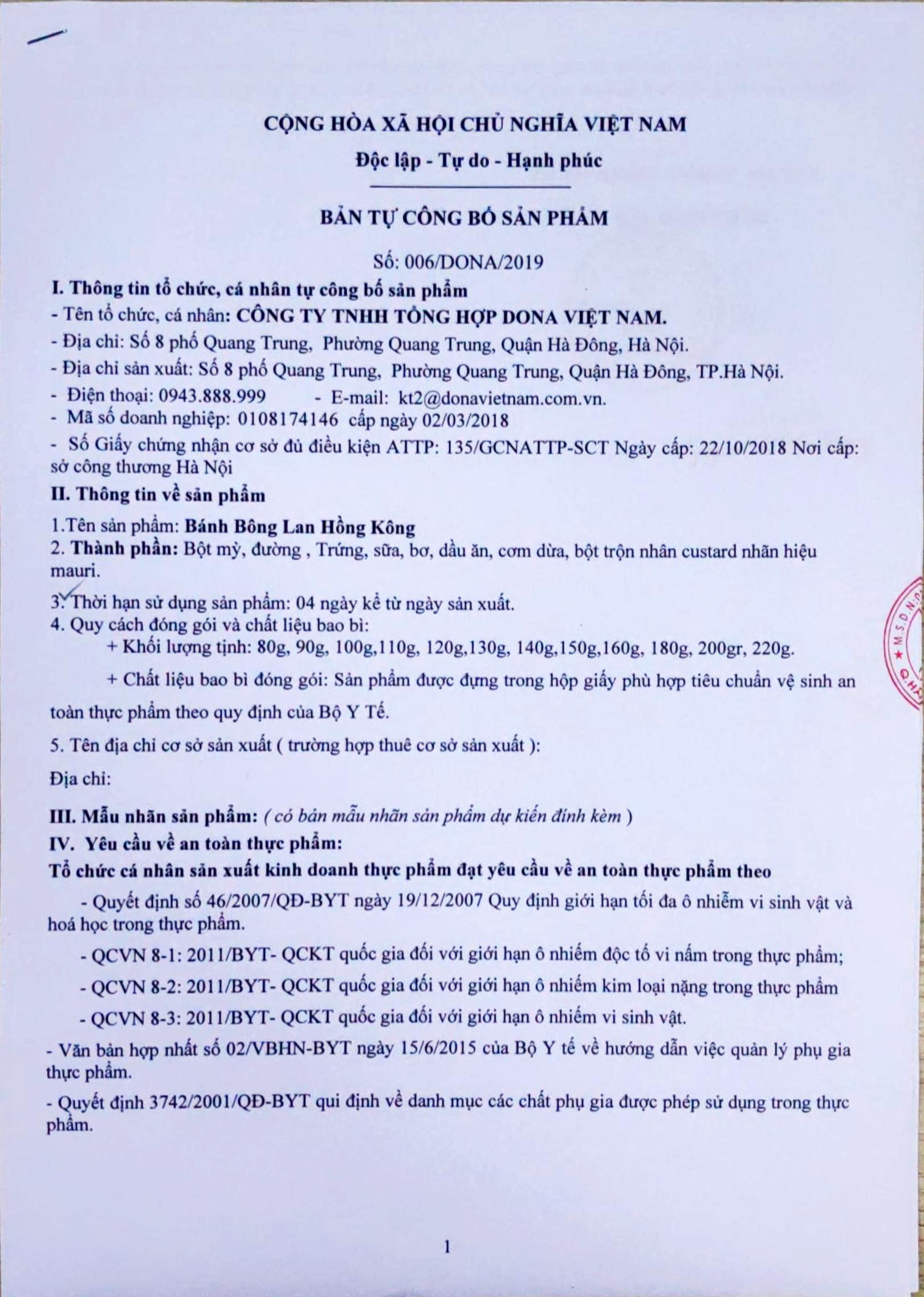 CÔNG BỐ SẢN PHẨM BÁNH BÔNG LAN HỒNG KONG