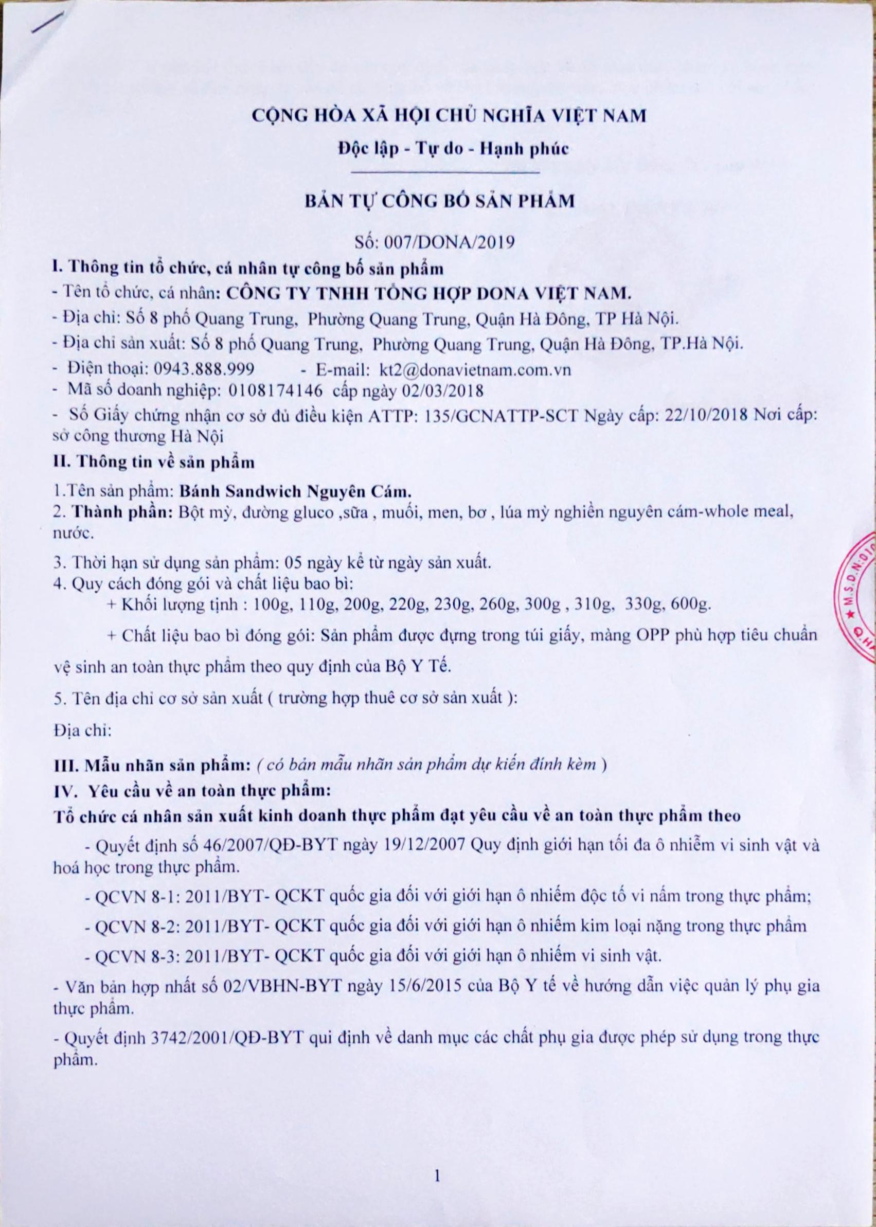 CÔNG BỐ SẢN PHẨM BÁNH MỲ NGUYÊN CÁM