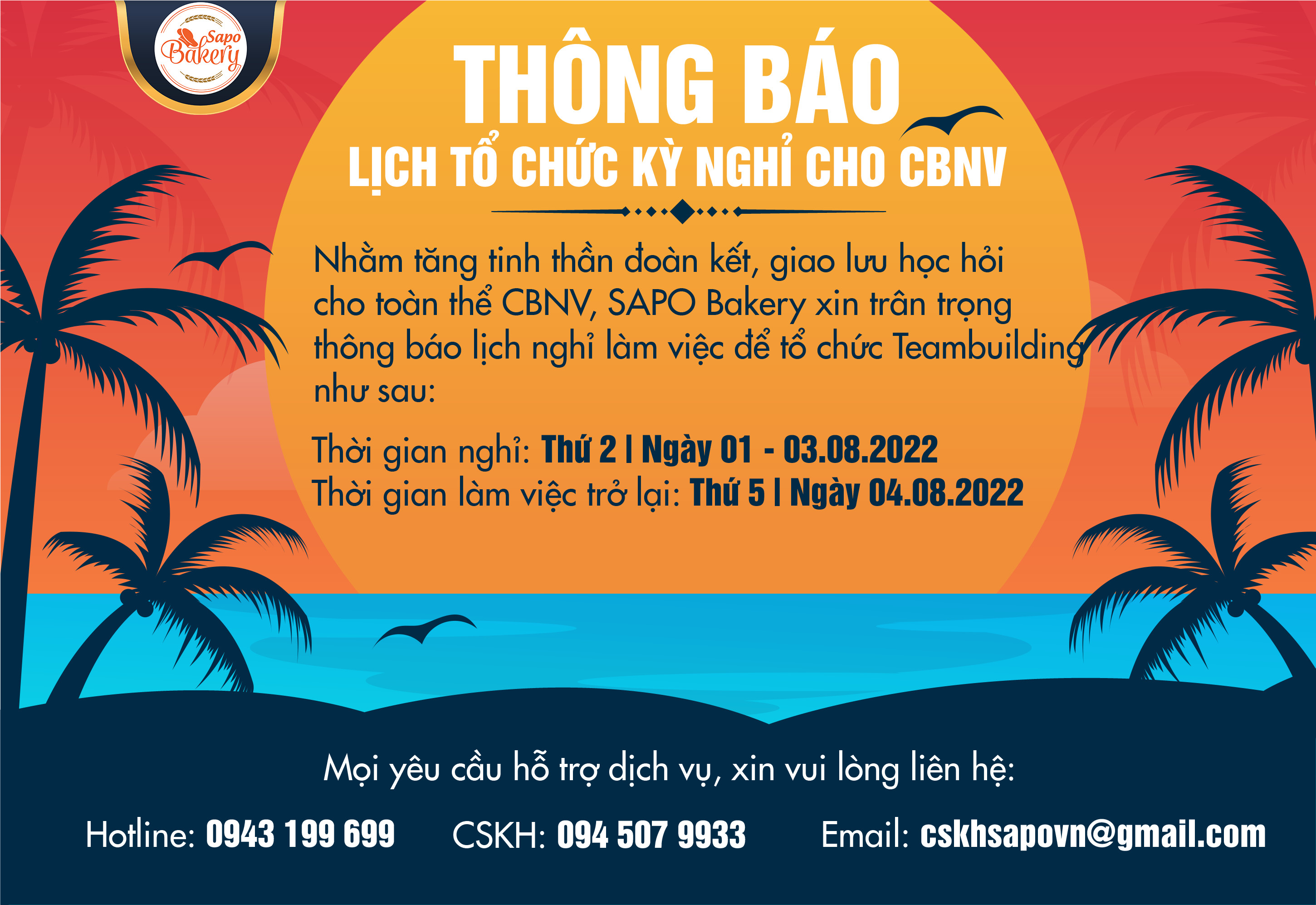 THÔNG BÁO LỊCH NGHỈ TEAM BUILDING 2022