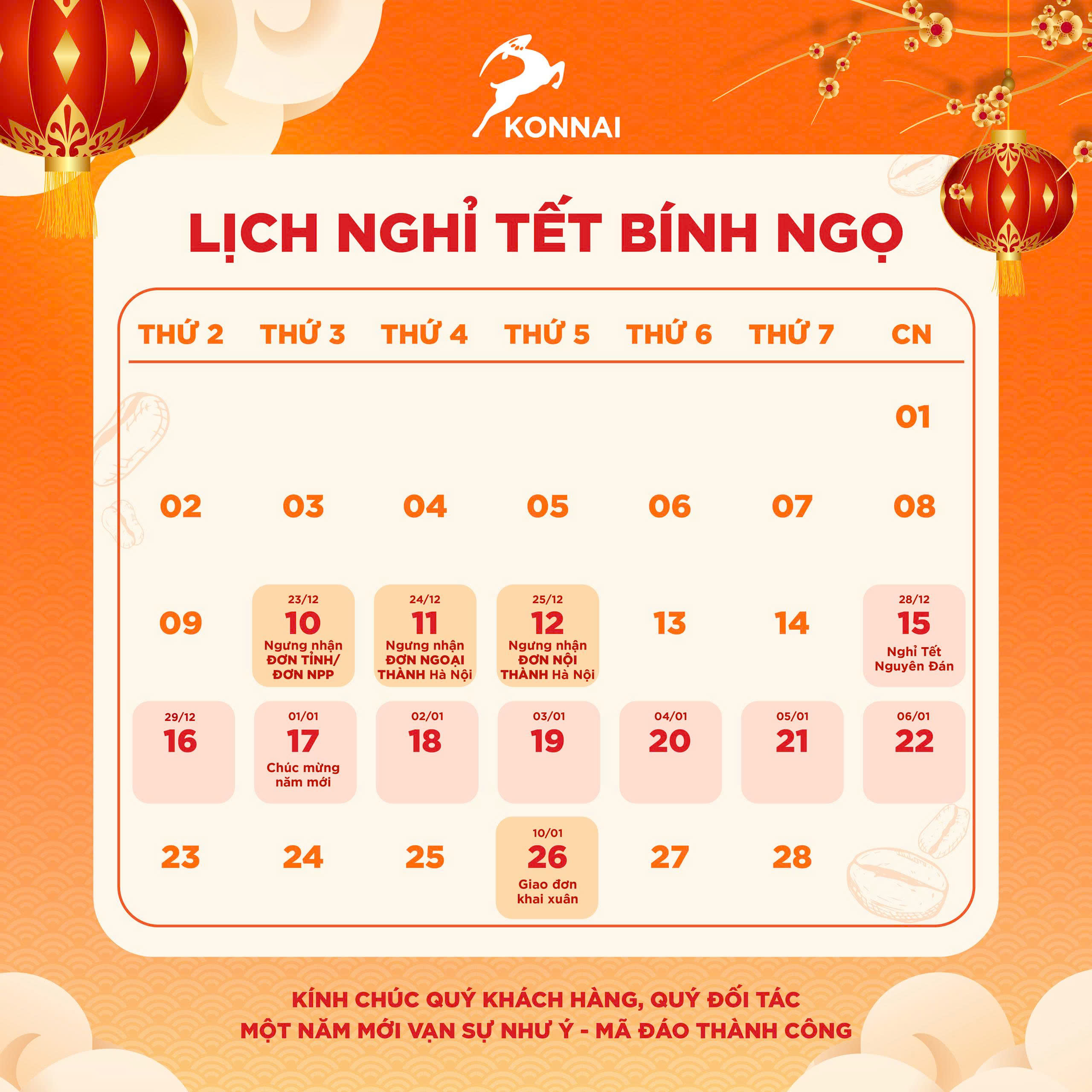 [Thông báo] LỊCH LÀM VIỆC & NGHỈ LỄ TẾT ÂM LỊCH BÍNH NGỌ KONNAI COFFEE