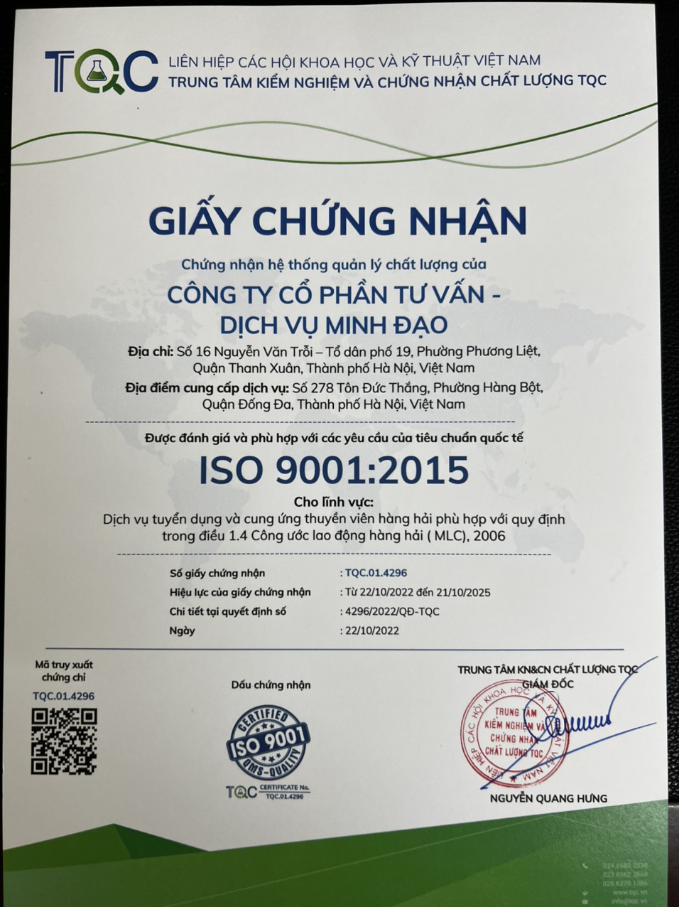 Chứng nhận hệ thống quản lý chất lượng của công ty cho lĩnh vực tuyển dụng và cung ứng thuyền viên hàng hải