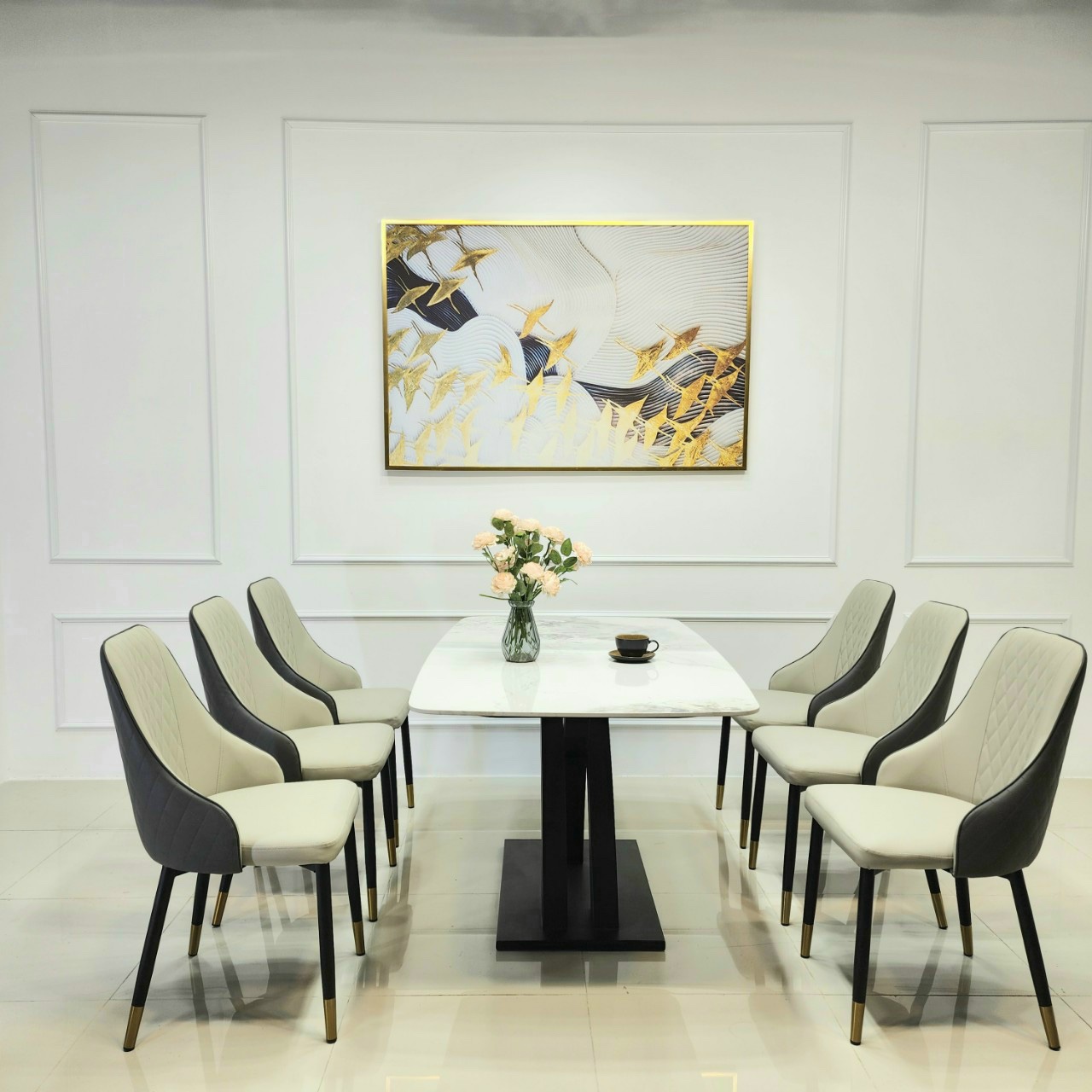 Bộ Bàn Ăn Chân X Cong 6 Ghế Sheraton trám-BBA50