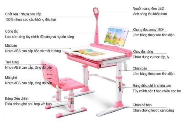 Bàn Học Tập Trẻ Em Điều Chỉnh Tiện Lợi VDTQ8 PLUS Hồng