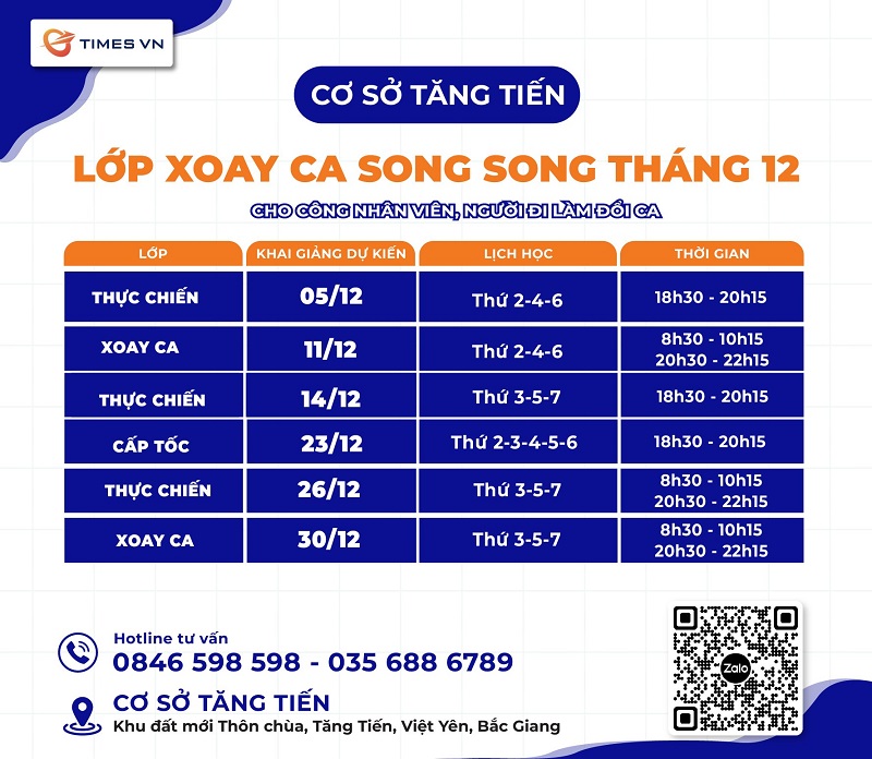 LỊCH KHAI GIẢNG TIMES VN CƠ SỞ TĂNG TIẾN THÁNG 12/2023