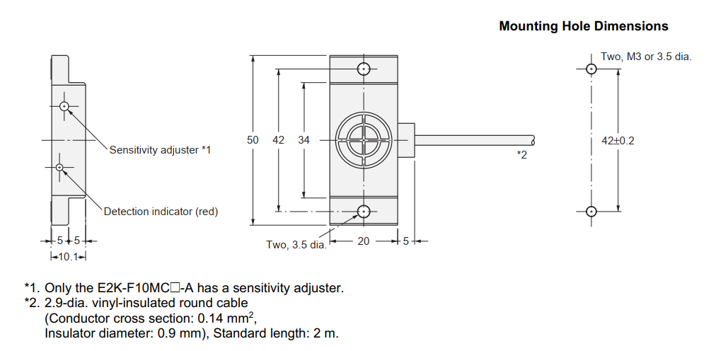 Bản vẽ kích thước cảm biến OMRON E2K-F10MC1 2M