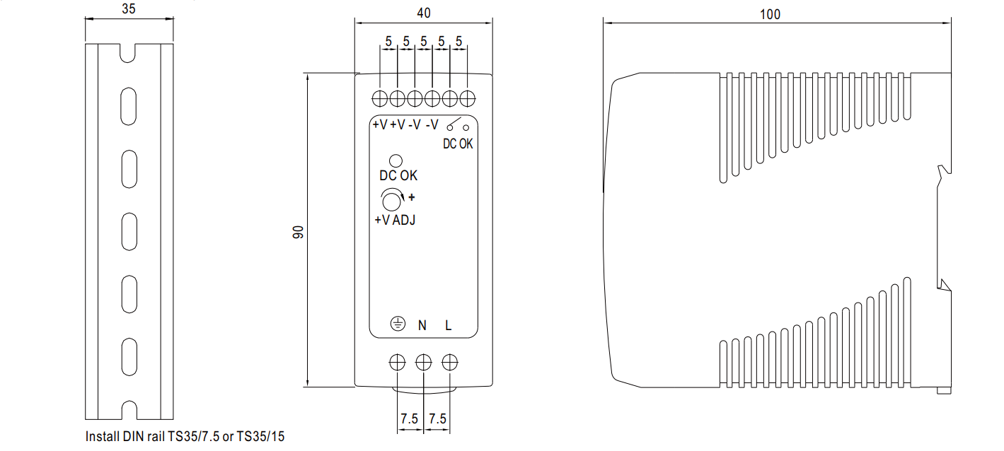 Bản vẽ kích thước sản phẩm Meanwell MDR-60-12