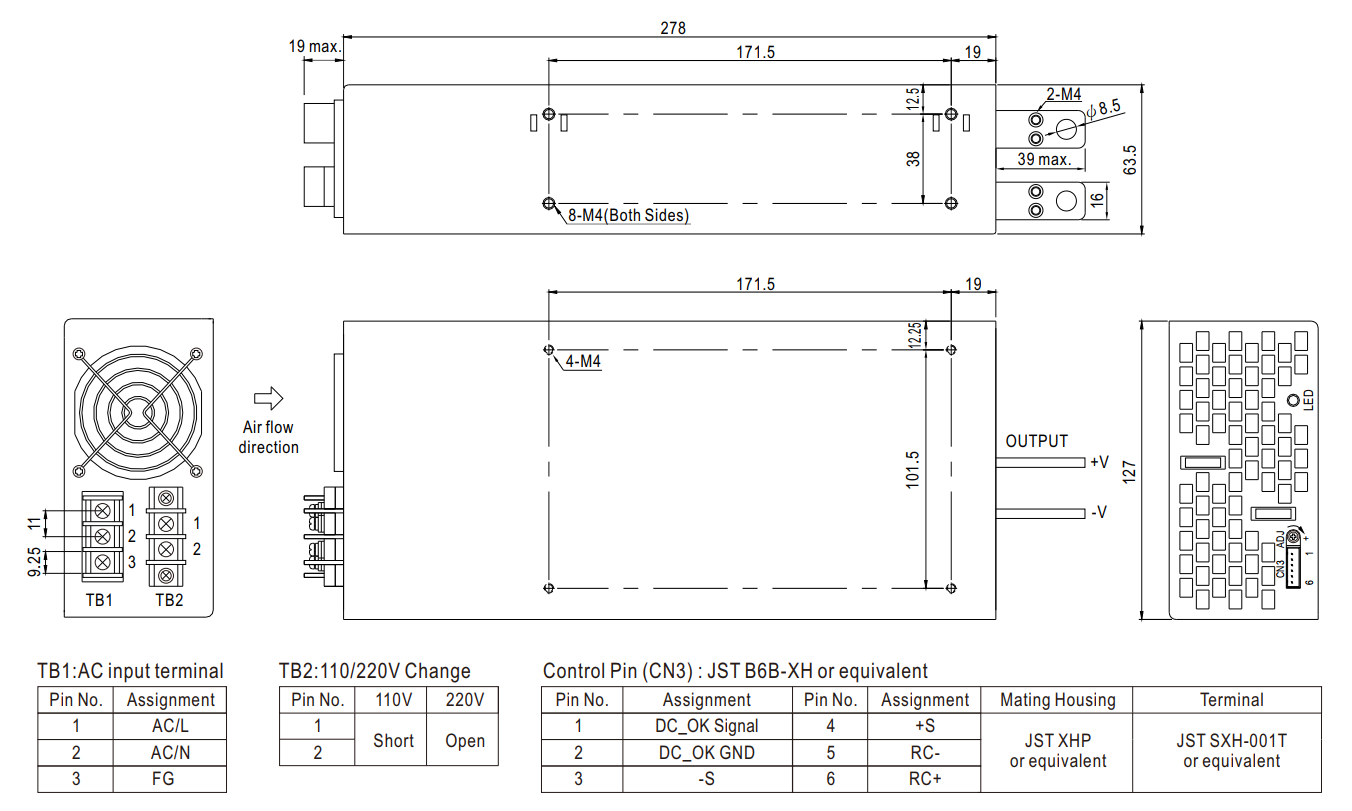 Bản vẽ kích thước sản phẩm Meanwell SE-1000-24