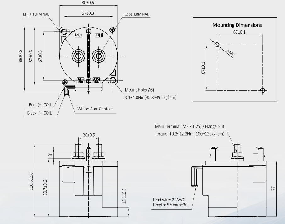 Bản vẽ kích thước contactor DC EVH750A-AS