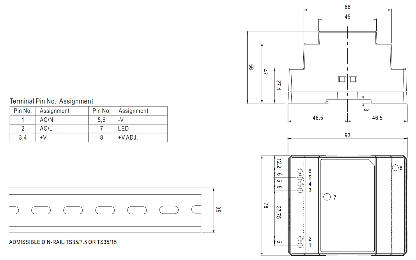 Bản vẽ kích thước sản phẩm Meanwell DR-60-24 - hình 1