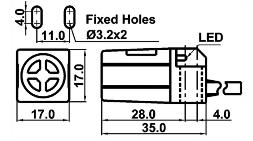 Bản vẽ kích thước cảm biến tiệm cận FOTEK PL-05N thể hiện mặt trước 17mm, chiều dài 35mm và hai lỗ cố định