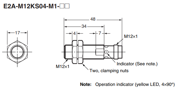 Bản vẽ kích thước cảm biến tiệm cận Omron E2A-M12KS04-M1-B1 với chiều dài tổng thể 48 mm và phần ren 34 mm