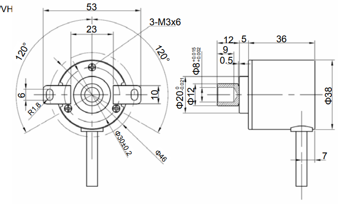 Bản vẽ kích thước encoder OMRON E6H-CWZ3X thân 40 mm trục rỗng 8 mm