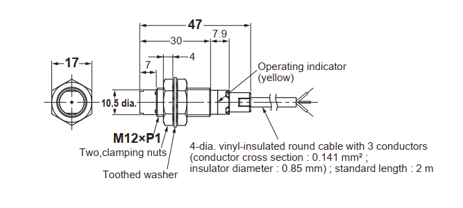 Bản vẽ kích thước cảm biến tiệm cận Omron E2B-M12KN08-WP-C1 với ren M12xP1