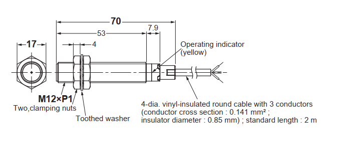 Bản vẽ kích thước cảm biến tiệm cận Omron E2B-M12LS04-WZ-C1 ren M12xP1