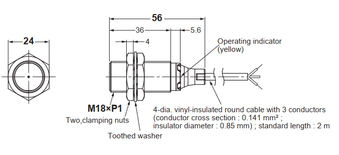 Bản vẽ kích thước cảm biến tiệm cận Omron E2B-M18KS08-WP-B1