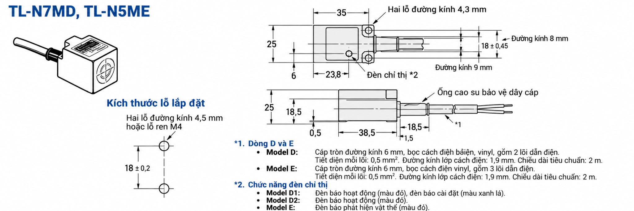 Bản vẽ kích thước cảm biến tiệm cận Omron TL-N5ME1 và vị trí lỗ lắp