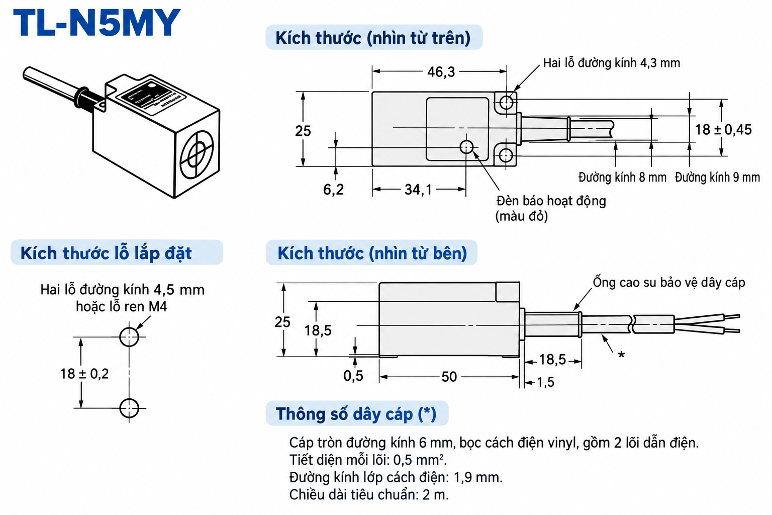 Bản vẽ kích thước cảm biến tiệm cận Omron TL-N5MY