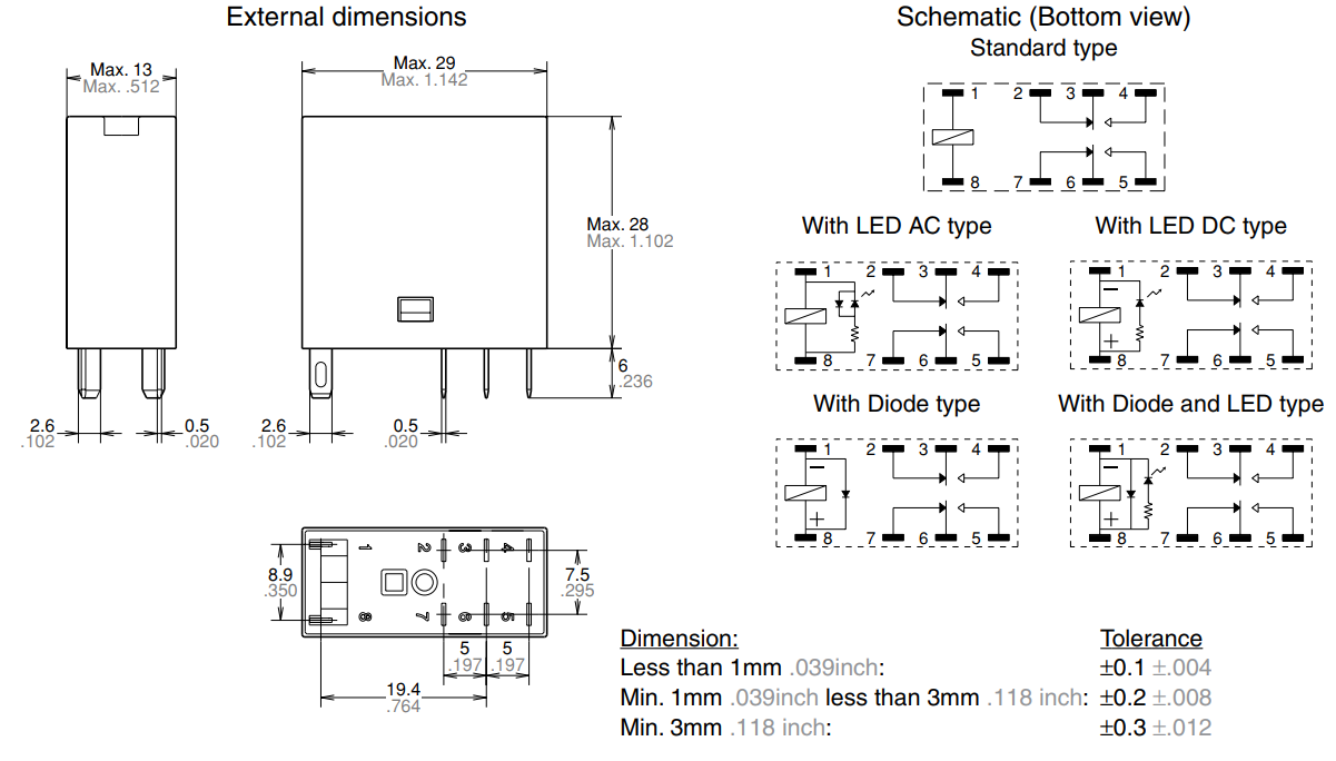 Bản vẽ kích thước và sơ đồ chân sản phẩm Rơ le Panasonic AHN22324 DC24V