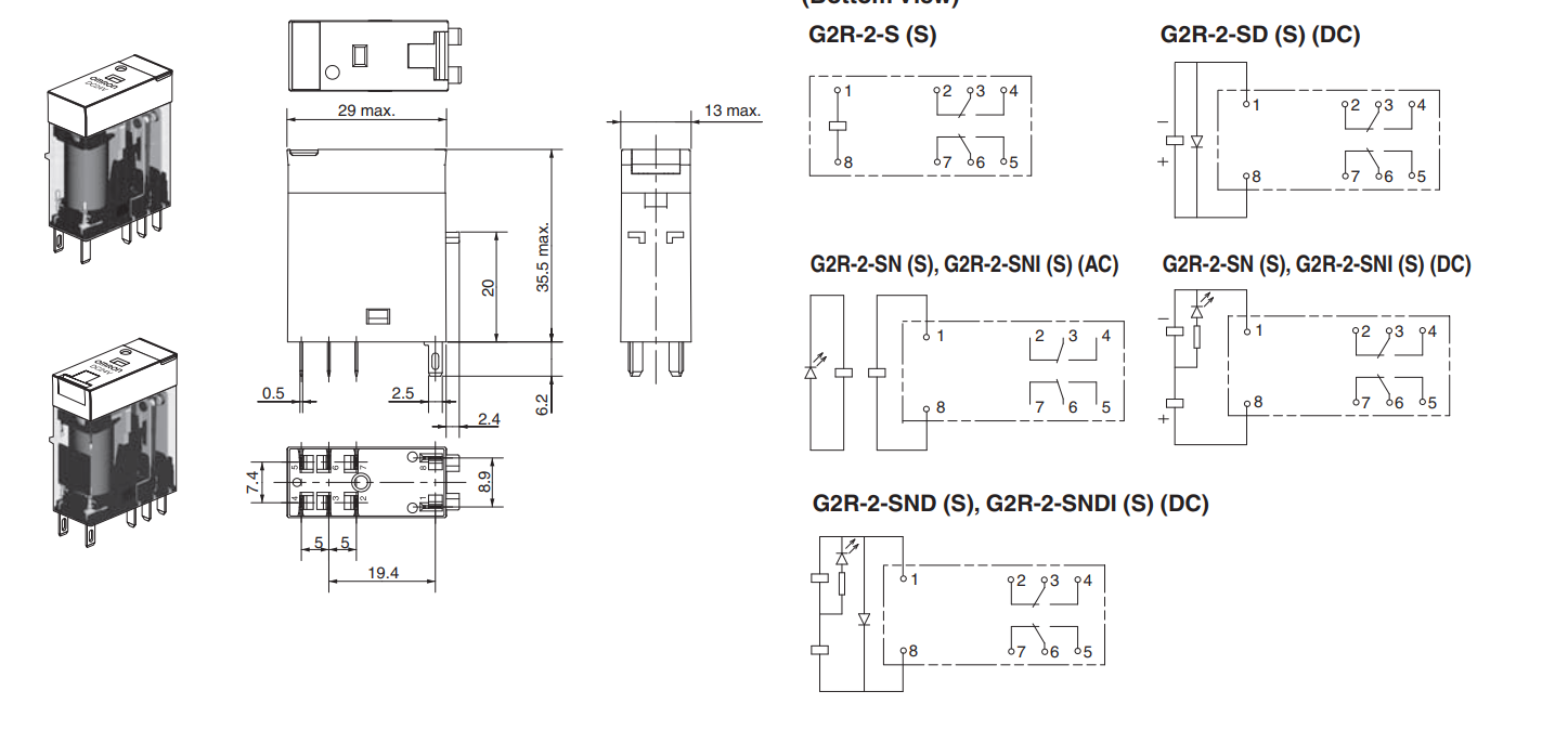 Bản vẽ kích thước và sơ đồ chân relay OMRON G2R-2-SND