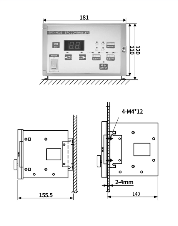 Bản vẽ cơ cấu chỉnh biên EPC-KD22 gồm motor, vít me, giá di động và công tắc giới hạn