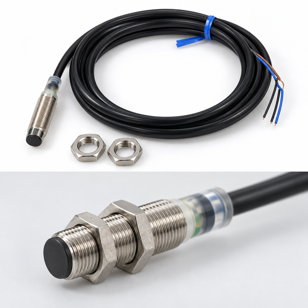 Cảm biến Omron E2B kèm dây dẫn và đai ốc cố định
