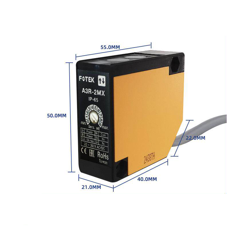 Kích thước cảm biến quang FOTEK A3R-1MX rộng 21mm cao 50mm sâu khoảng 55mm