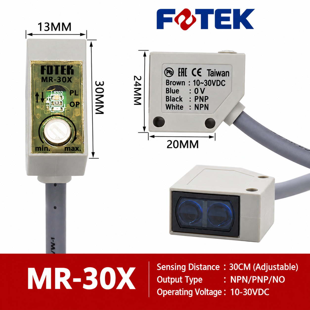Cảm biến quang FOTEK MR-30X Cảm biến quang FOTEK MR-30X khoảng cách phát hiện 30cm NPN PNP