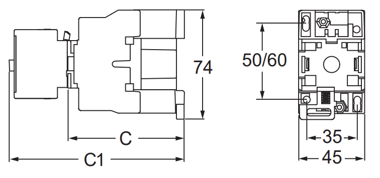 Bản vẽ kích thước contactor LC1N0610M5 mặt trước
